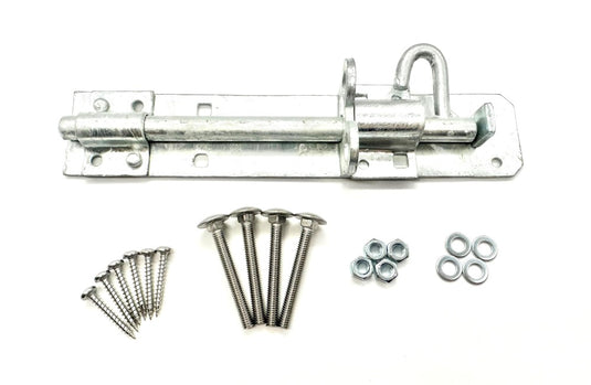 heavy duty hot dipped galvanised garden gate slide bolts padbolts with fixings including washers nuts coach bolts and woodscrews full kit