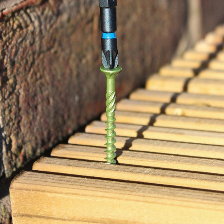 Load image into Gallery viewer, ribbed easy drive professional grade deck screw being screwed into wooden deck 50mm 60mm 70mm 80mm