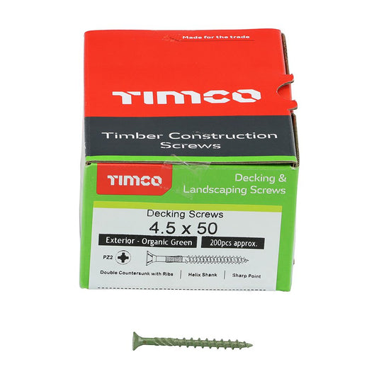 Single and 200 pc box of  professional green coated deck screw for decking, fencing and woodwork outdoors 4.5mm x 50mm
