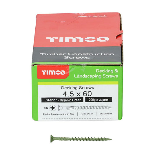 Single and 200 pc box of professional green coated deck screw for decking, fencing and woodwork outdoors 4.5mm x 60mm