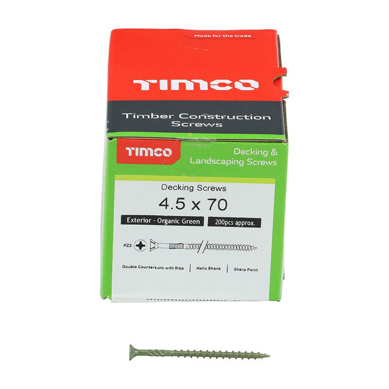 Load image into Gallery viewer, Single and 200 pc box of professional green coated deck screw for decking, fencing and woodwork outdoors 4.5mm x 70mm
