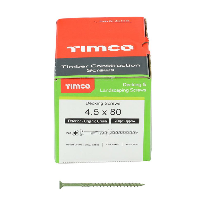 Load image into Gallery viewer, Single and 200 pc box of professional green coated deck screw for decking, fencing and woodwork outdoors 4.5mm x 80mm