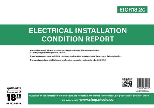 eicr18.2g e.i.c.r electrical installation condition report test book niceic 20 certificates updated to 18th edition