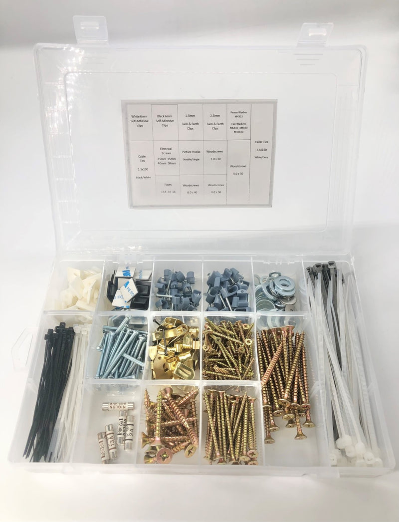 Load image into Gallery viewer, cable ties self adhesive clips cable clips washers long zip ties woodscrews short and long toolbox assortment kit ideal present for dad

