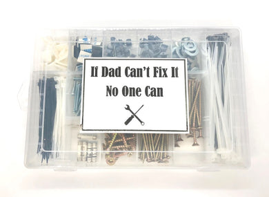 If dad can't fix it no one can fathers day birthday gift idea tool kit assortment set cable ties self adhesive clips woodscrews washers socket screws closed box