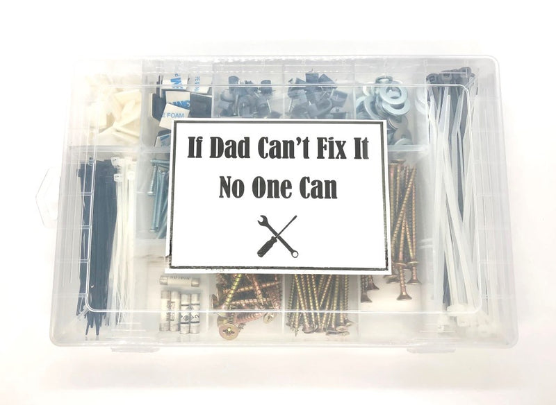Load image into Gallery viewer, If dad can&#39;t fix it no one can fathers day birthday gift idea tool kit assortment set cable ties self adhesive clips woodscrews washers socket screws closed box

