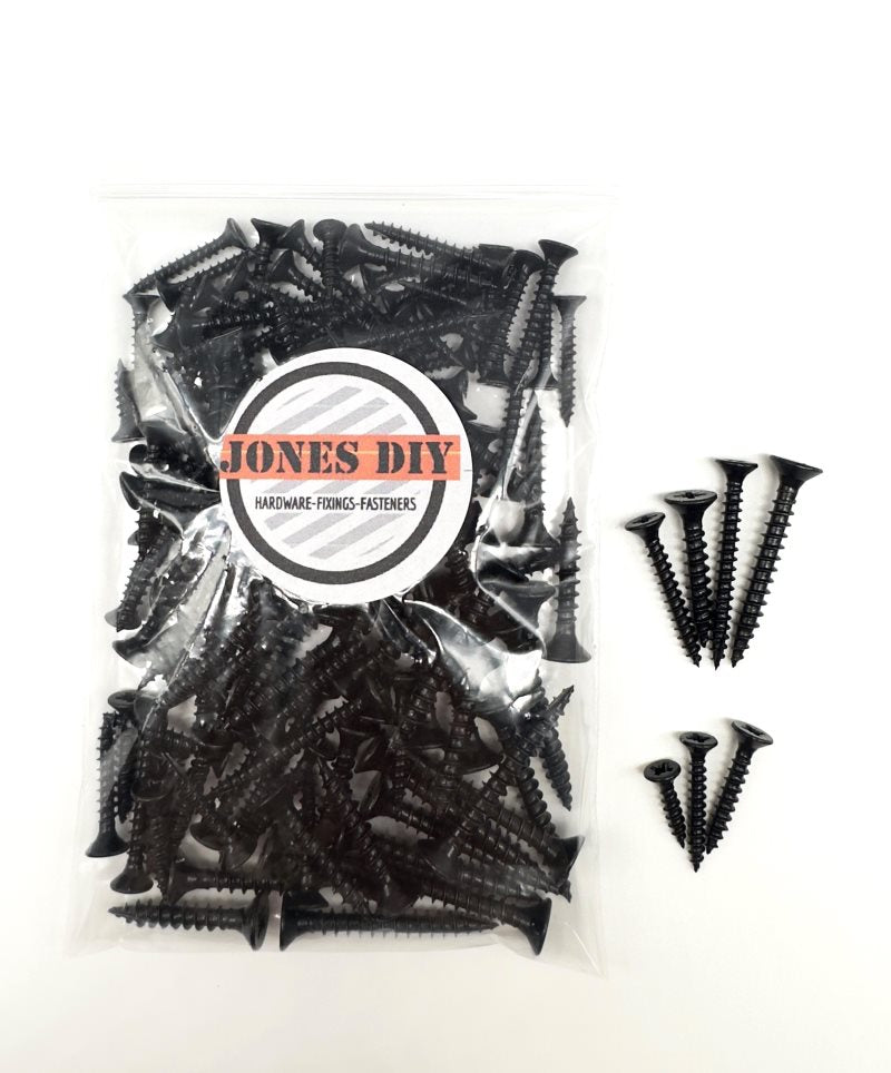 Load image into Gallery viewer, clear assorted pack of countersunk black woodscrews with jones diy branded logo. 7 different sizes displayed showing various lengths and diameters