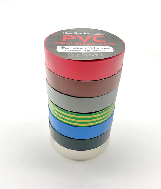 pvc insulation tape bundle all colours stacked red brown grey earth blue black white