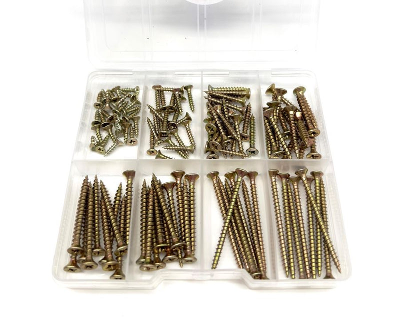 Load image into Gallery viewer, wood screw assortment pack, box of 8 various sized wood screws in a branded plastic container with 8 separate compartments