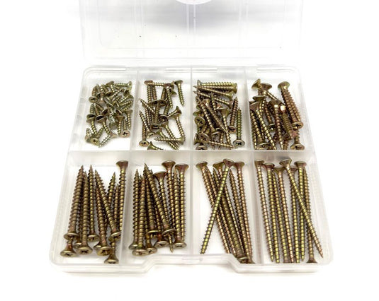wood screw assortment pack, box of 8 various sized wood screws in a branded plastic container with 8 separate compartments