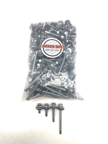 jones diy branded pack of roofing tek screws with 4 different sizes displayed below the pack 