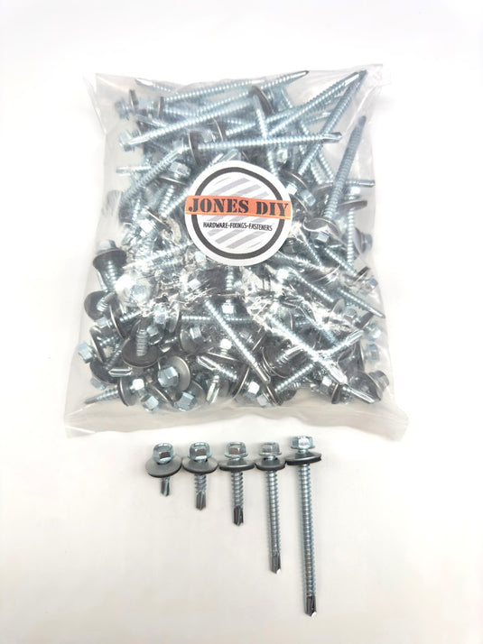 jones diy branded pack of roofing tek screws with 5 different sizes displayed below the pack