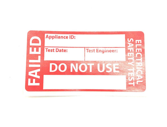 single failed pat testing label with appliance id, test date and test engineer text boxes in red danger colour