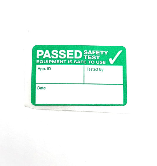 single pass pat testing label with appliance id, test date and test engineer text boxes in green passed colour