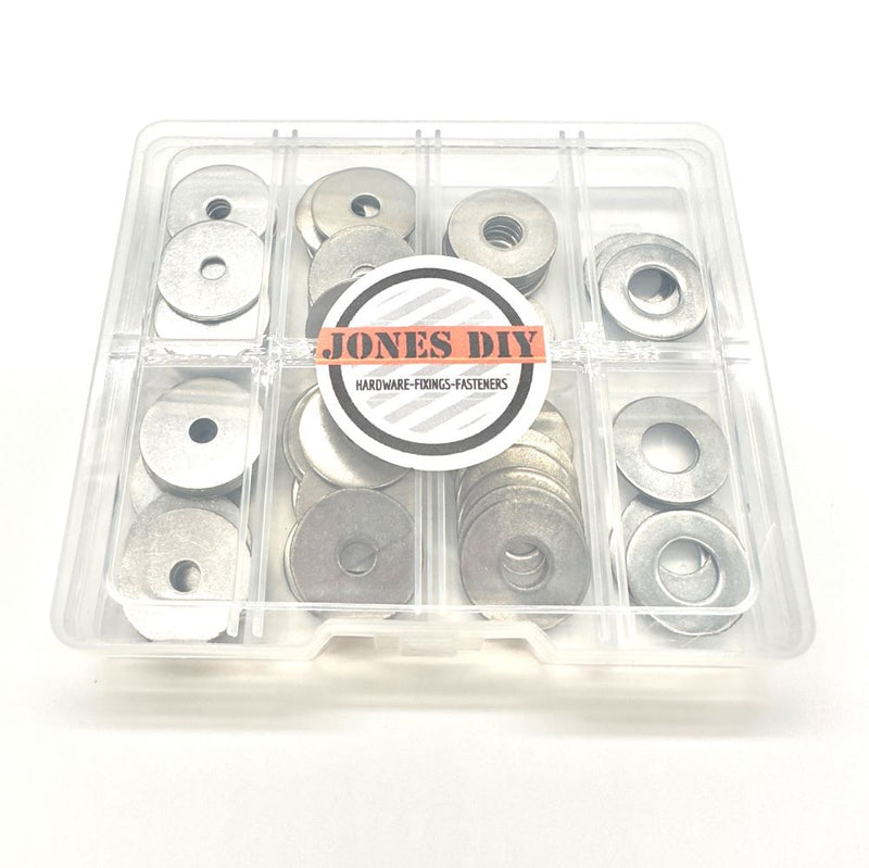 Load image into Gallery viewer, penny washer repair washers assortment set bundle box M5 M6 M8 and M10 with Jones DIY logo
