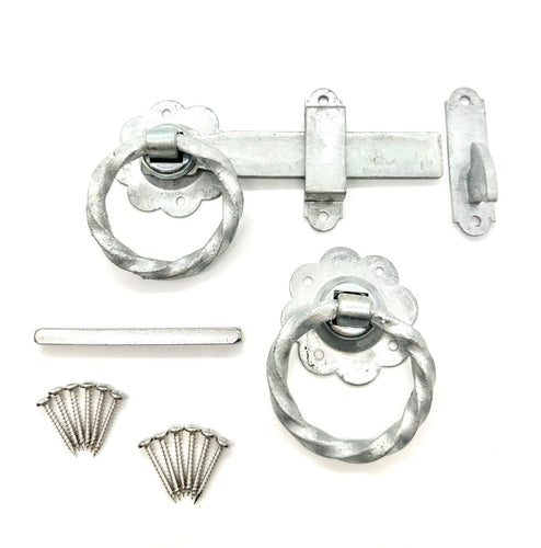 twisted ring gate latch kit with 2 latches and screw fixings silver galvanised gate hardware