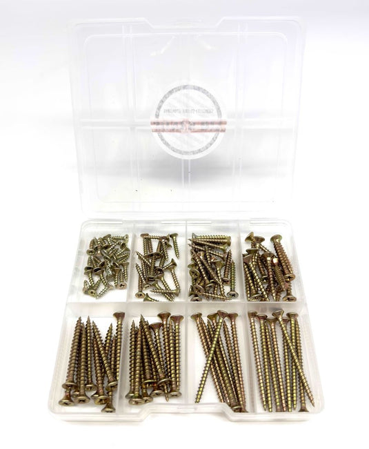 open assortment box with jones diy logo containing 8 various sized wood screws, assorted set