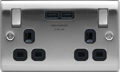 BG Nexus USB Double Socket Brushed Steel Black Insert - NBS22U3B