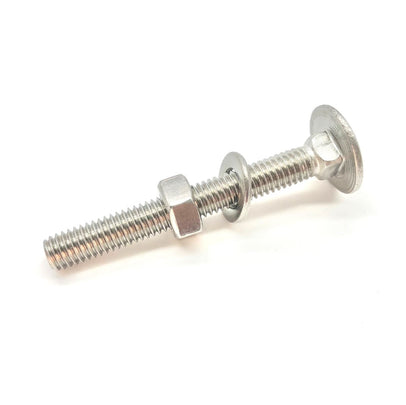 Coach bolt with a domed head and square neck, shown with a nut and washer