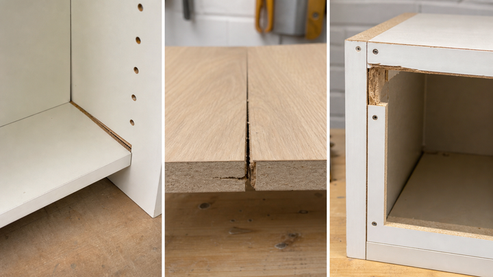 Three common furniture and timber repair issues: a loose internal cabinet corner, a flat board join opening, and a damaged larger cabinet corner.