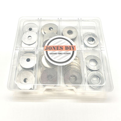 Open penny washer assortment box containing several stainless steel washer sizes