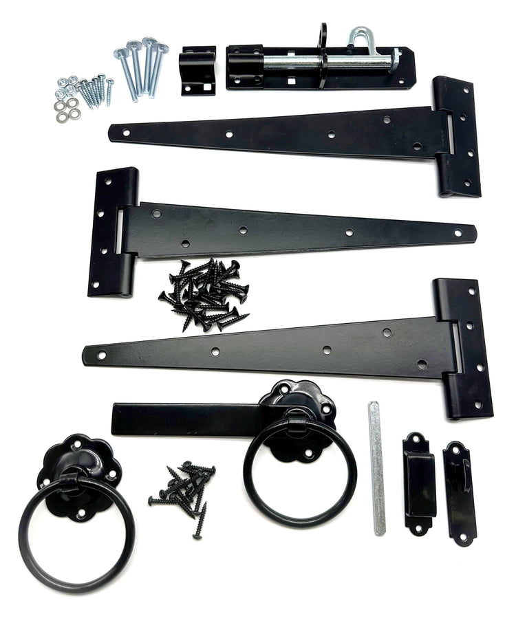 strong black hinges, latches and screws