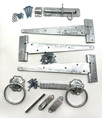 Hot dipped galvanised garden gate hinge pack with latch, padbolt and fixings