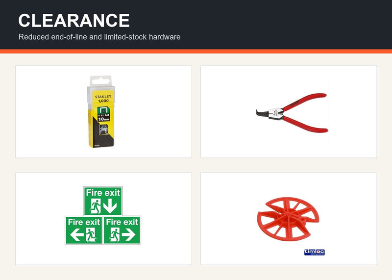 Clearance hardware including staples, pliers, safety signs and fixings