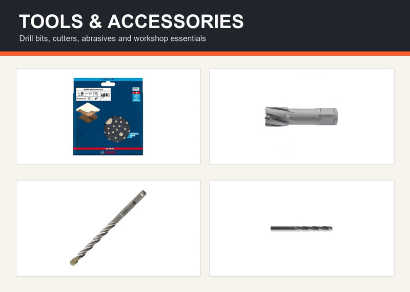 Tools and accessories including drill bits, cutters and abrasives