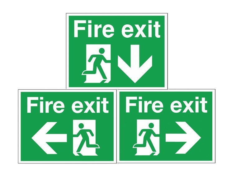 Fire exit Arrow Sign PVC Peel and Stick 200mm x 300mm Left Right Down