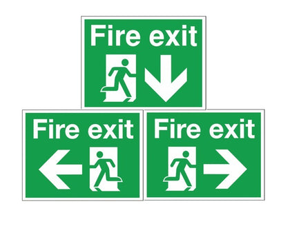 Fire exit Arrow Sign PVC Peel and Stick 200mm x 300mm Left Right Down