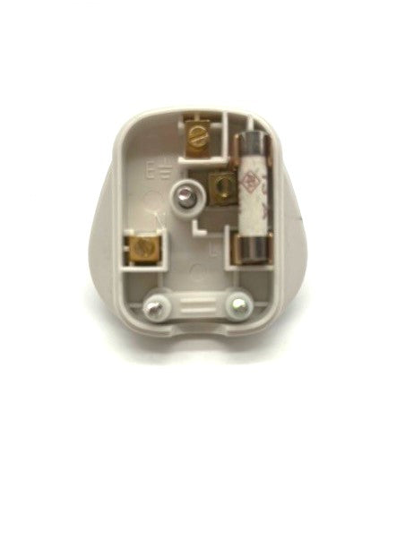 Load image into Gallery viewer, inside of white 3 pin plug for domestic outlets showing connections and internal fuse
