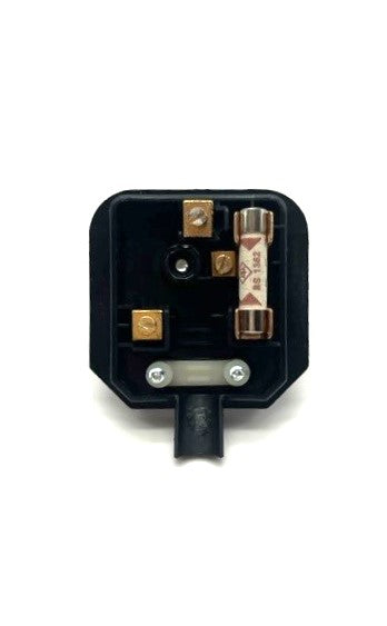 Load image into Gallery viewer, inside of black 3 pin plug for domestic outlets showing connections and internal fuse
