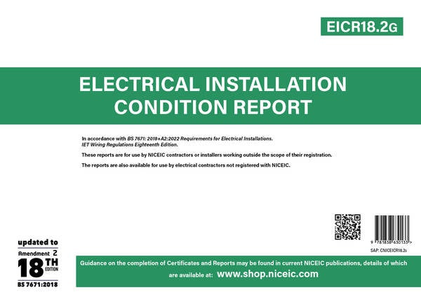 eicr18.2g e.i.c.r electrical installation condition report test book niceic 20 certificates updated to 18th edition