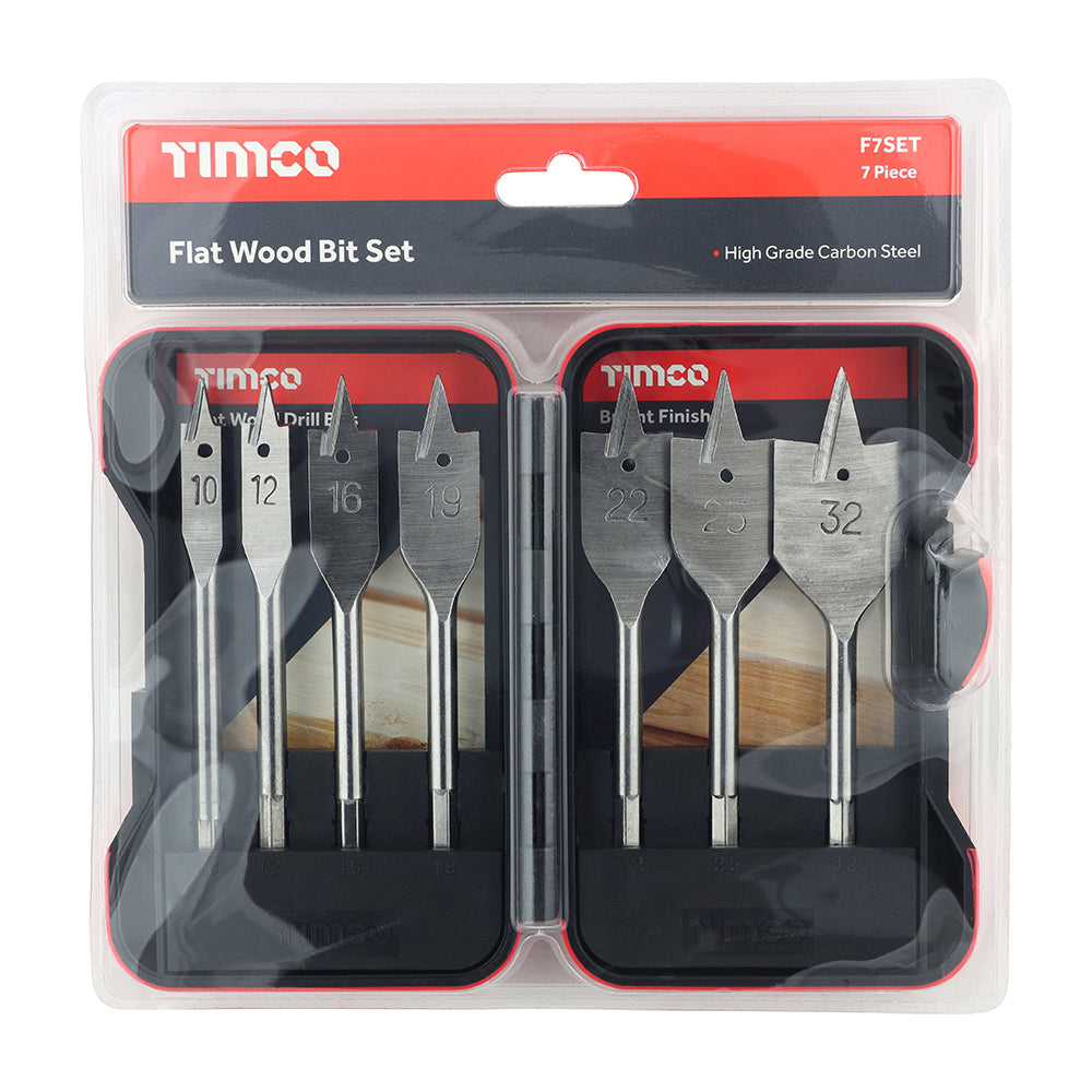 7 piece flat wood drill bit set in carry case – available from Jones DIY, Rotherham