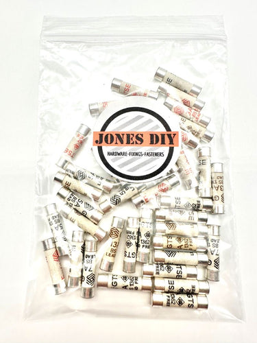 bag of 25mm ceramic fuses 3A 5A 7A 13A with jones diy logo