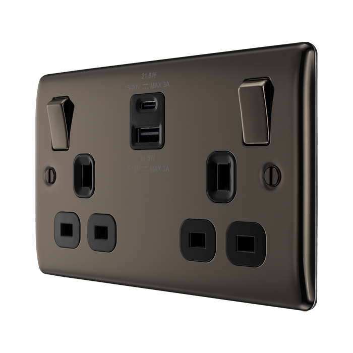 BG Nexus Metal NBN22UAC22B black nickel double switched socket with USB A and USB C