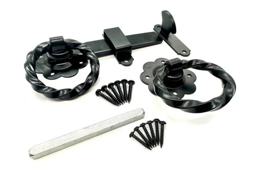 twisted ring gate latch kit with 2 latches and screw fixings black gate hardware