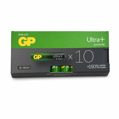 GP Ultra Plus AAA alkaline batteries pack of 10 on a white background