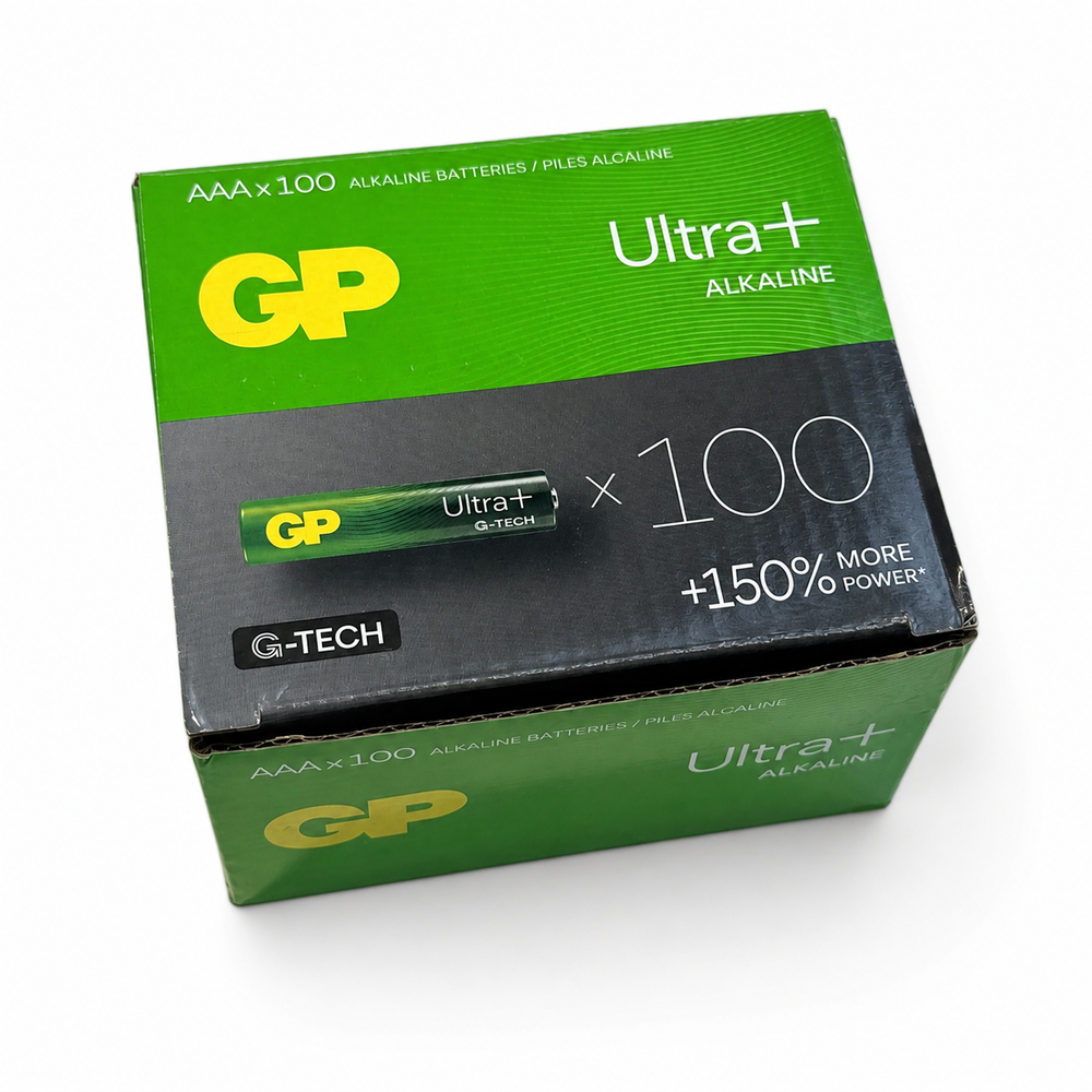GP Ultra Plus AAA alkaline batteries box of 100 on a white background