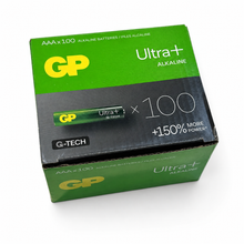 GP Ultra Plus AAA alkaline batteries box of 100 on a white background