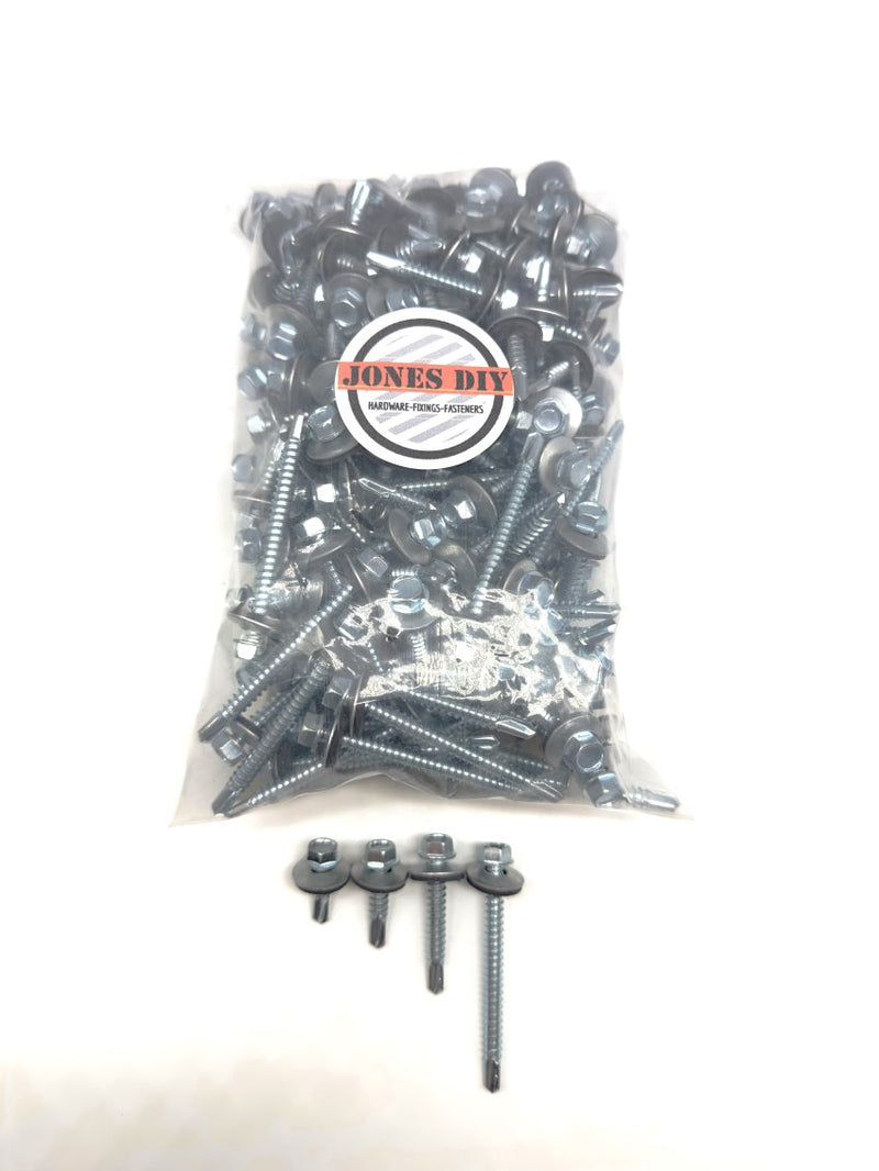 Load image into Gallery viewer, jones diy branded pack of roofing tek screws with 4 different sizes displayed below the pack 
