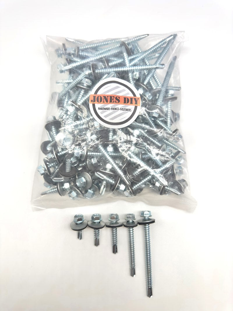 Load image into Gallery viewer, jones diy branded pack of roofing tek screws with 5 different sizes displayed below the pack
