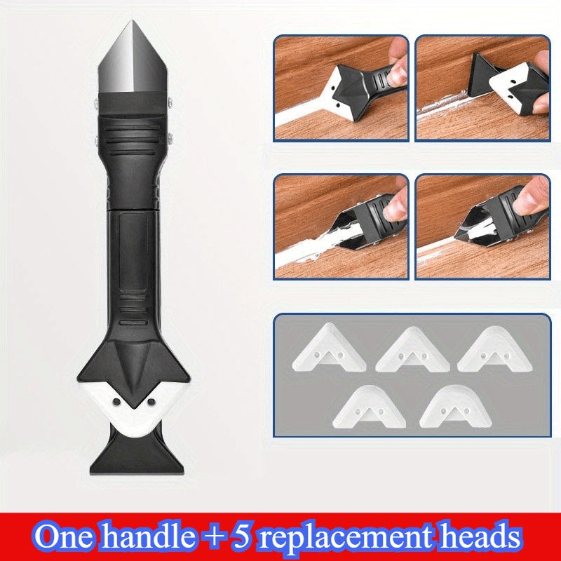 Silicone sealant removal and finishing tool with stainless steel head and five interchangeable finishing heads
