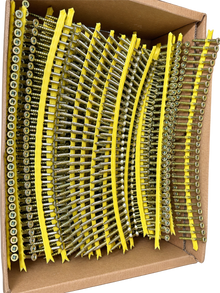 Close-up of Simpson Quik Drive 4.6 x 44mm screws showing square heads and yellow collated strips