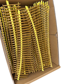 Close-up of Simpson Quik Drive 4.6 x 64mm screws showing threads and yellow collated strips