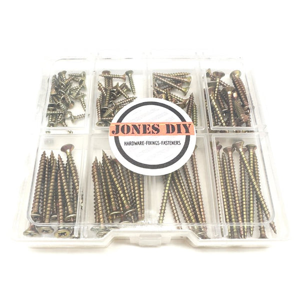 jones diy branded plastic tray with 8 compartments, woodscrew assortment pack with 8 different sized screws