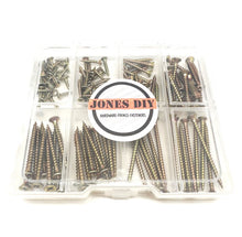 jones diy branded plastic tray with 8 compartments, woodscrew assortment pack with 8 different sized screws