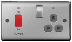 BG Nexus Cooker Switch 45A DP With Single Socket Brushed Steel Grey Insert - NBS70G